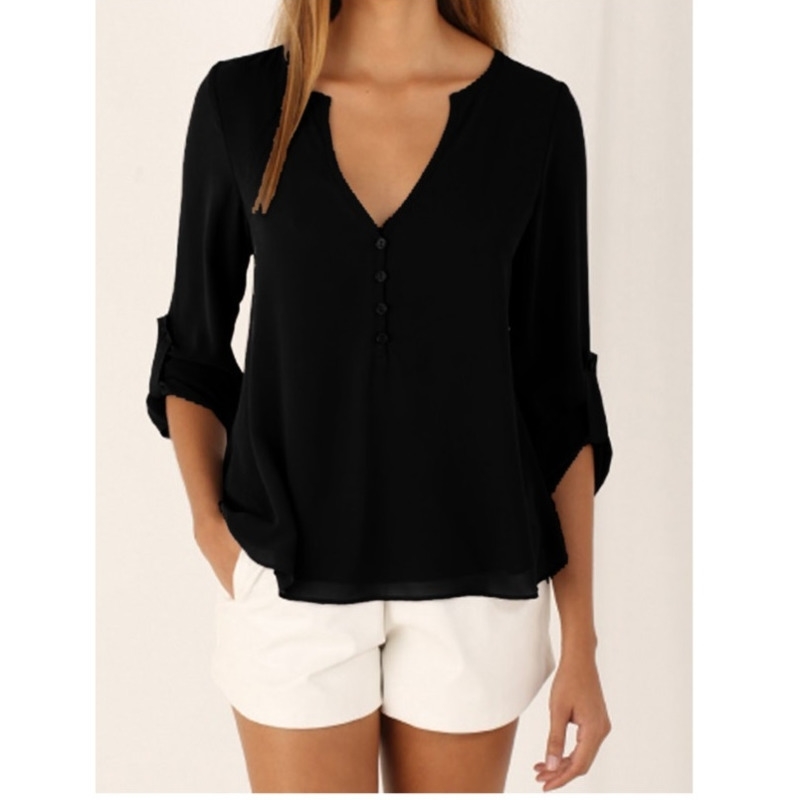 

Women Shirts Summer Autumn Casual V-neck Chiffon Blouse Women Tops And Blouses Long Sleeve Black White Ladies Blouse Shirt 201201