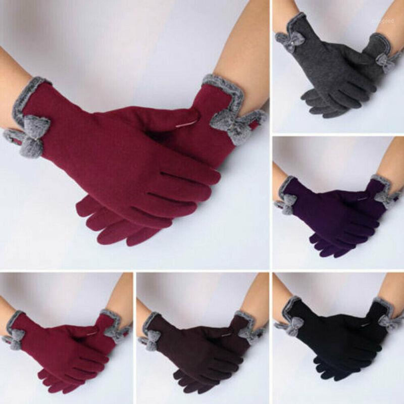 

Five Fingers Gloves Womens Ladies Bow Fleece Lined Warm Thick Touch Screen Full Finger Winter Gloves1