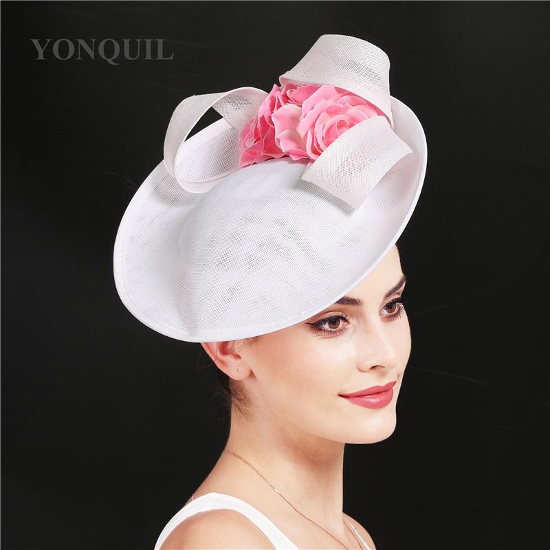 

White Formal Lady Fascinator Race Big Hat Fedora With Flower Decor Elegant Ladies Women Headpiece With Headband Chapeau