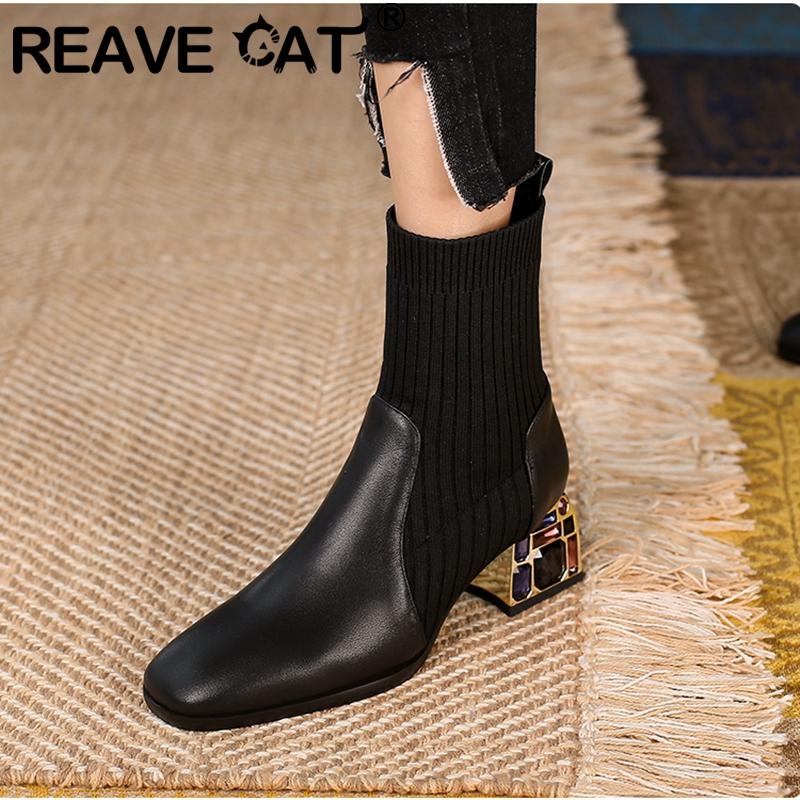 

REAVE CAT New Ankle Boots 2021 Square Toe Crystal Daimend Strange Heels 5.5cm Genuine Leather Sock Shoes Slip-On Size 40 A3308, Black no fur
