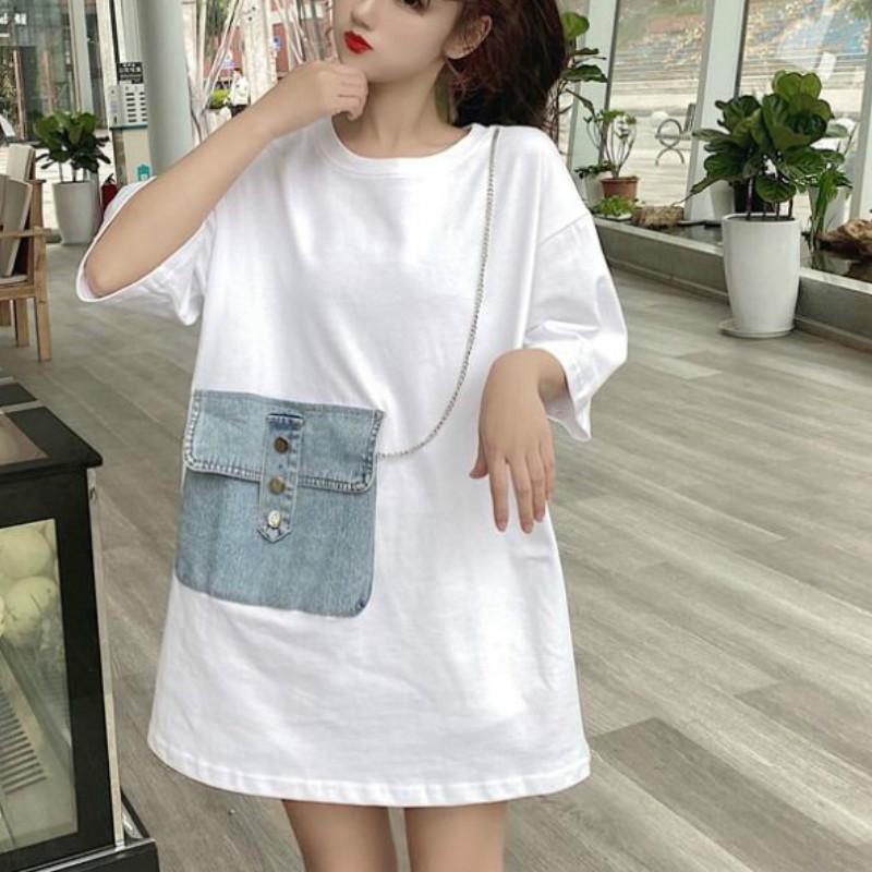 

White T-shirt Women Denim Pocket Loose Slim Short Sleeve Tee Tops Casual Summer 2020 Kawai Hajaruku Oversize Shirt Women