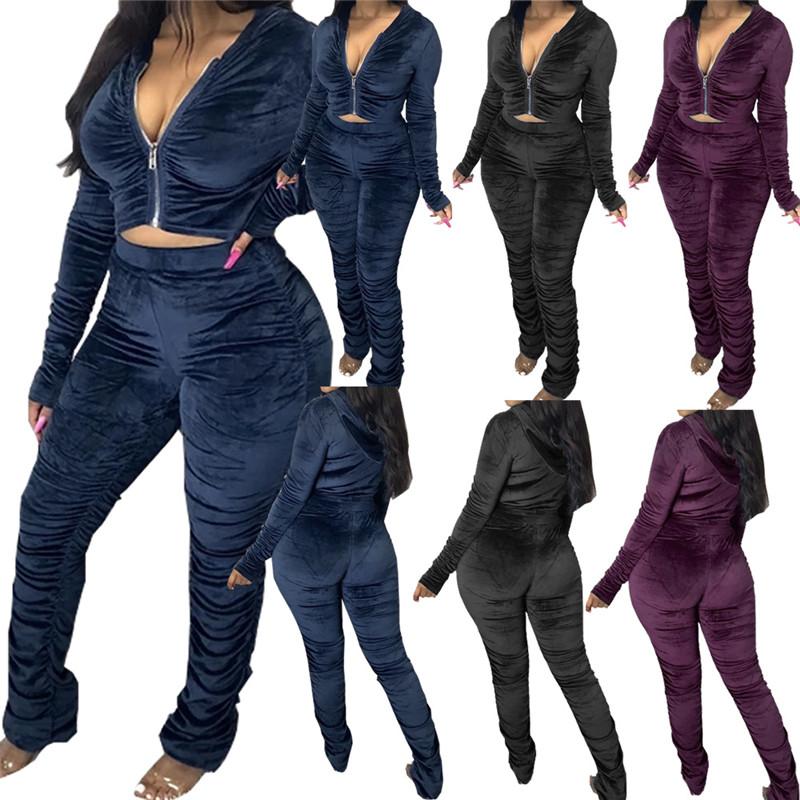 

Autumn Skinny Sexy Women' Street Fashion Fold Stitching Solid Color Long Sleeve Zipper Two-piece Suit Wholesale Dropshpping, Black