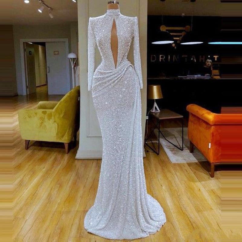 

Keyhole Neckline Sequined Prom Dresses High Neck Long Sleeve Draped Mermaid Evening Gowns Formal Dress Party Wear vestidos, Brown