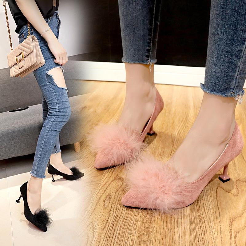 

Korean version new women's shoes slim heel pointed toe cat's heel fur shoes shallow mouth single women's fashion, See chart