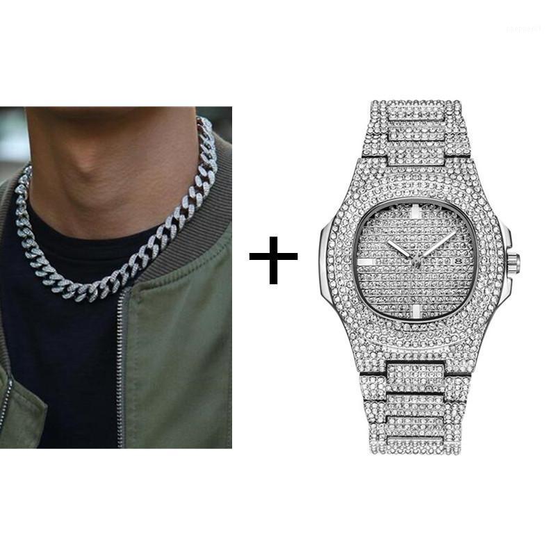 

Gold Silver Necklace +Watch+Bracelet Hip Hop Miami Curb Cuban Chain Iced Out Paved Rhinestones CZ Bling Rapper For Men Jewelry1