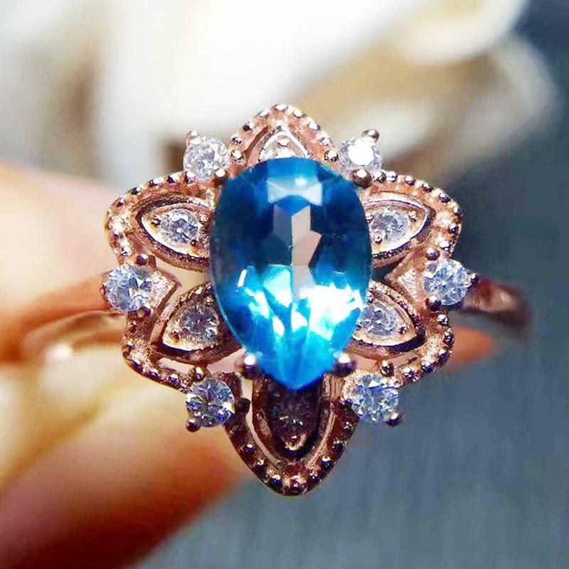 

Cluster Rings Natural Real Blue Topaz Drop Flower Ring Per Jewelry 6*8mm 1.5ct Gemstone 925 Sterling Silver Fine T214273, Golden;silver