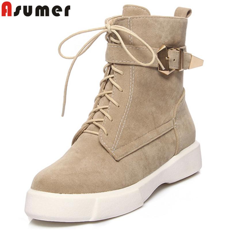 

ASUMER black fashion ankle boots for women round toe zip flock autumn winter boots cross tied ladies flat with big size