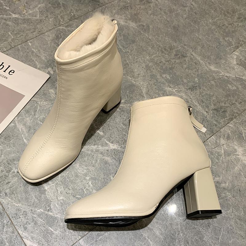 

NEW women's boots Black Beige Short Plush High heels Round Toe Brand Women's Shoes Boots Ankle Winter Women Shoes