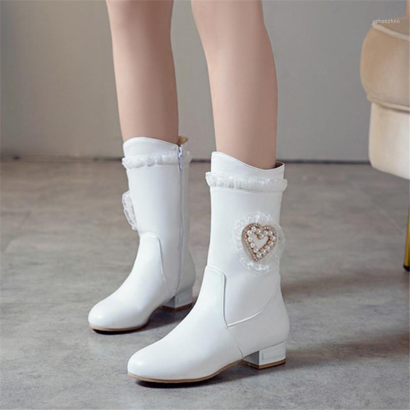 

Boots PXELENA Romantice Heart Shaped Pearl Bridal Wedding White Lace Ruffles Low Heels Sweet Lolita Shoes Pink Plus Size 34-431, Pink thin fur