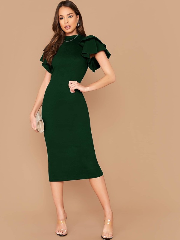 

Layered Flutter Sleeve Split Back Dress SHE, Dark green.
