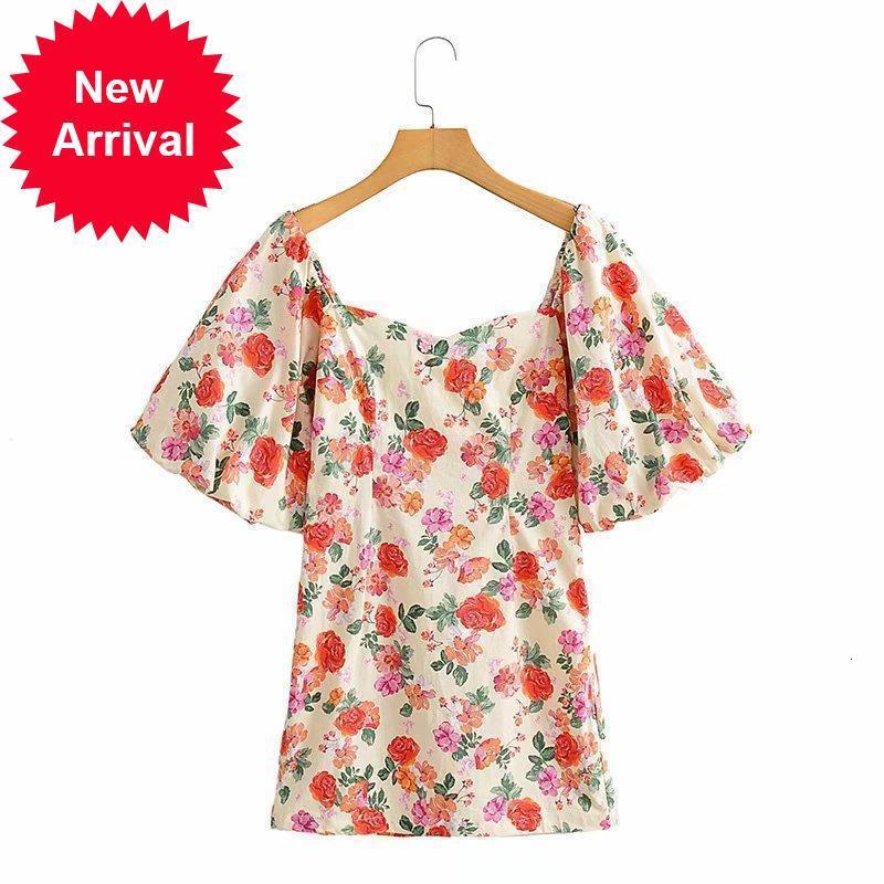 

New Boho 2021 Vintage Party Clothes European Female Floral Sweet Sleeve Print Short Collar Square to Mini Dress Line NXHV, Blue