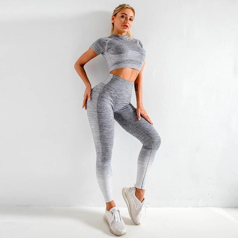 

Seamless Women Yoga Set Workout Sportswear Gym Clothing Fitness Long Sleeve Crop Top High Waist Leggings Sports Suits, Black