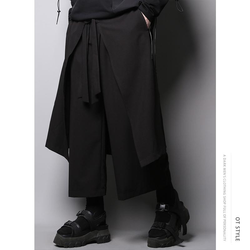 

Japanese dark yamamoto-style personality ribbon stitching fake two casual Pants nine-cent loose-leg pants neutral, Black