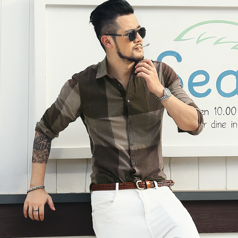 

2021 The New New Autumn Fashion Clothing Fine Fit of Men's Long Chess Casual Cotton Social Shirt Plus Size S803-3 Zat8, Beige