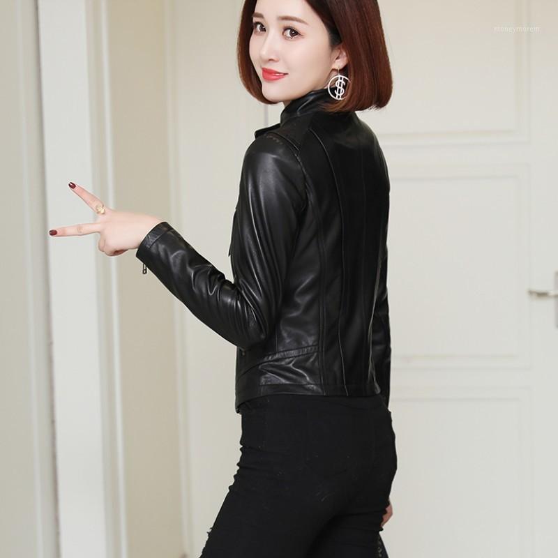 

Spring Autumn Women Casual Short Sheepskin Coat Zipper Stand Collar Motor Biker Genuine Leather Jacket Luxury Female Outwear 4XL1, Black