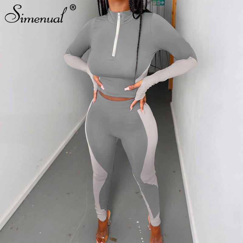 

Simenual Sporty Casual Top And Pants Lounge Sets Active Wear Fitness Patchwork Long Sleeve Women Zipper Two Piece Outfits Skinny, Brown