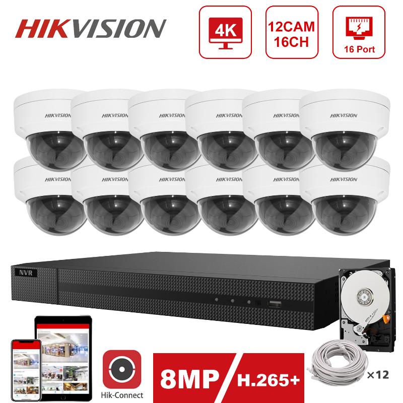 

Hikvision 4K 16CH POE NVR Kit 12pcs Hikvision 8MP Dome IP Camera DS-2CD2185FWD-I Indoor/Outdoor Hik-Connect Plug and Play 30m IR