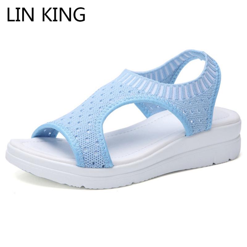 

LIN KING Plus Size 45 Women Sandals 2020 New Female Shoes Woman Summer Wedge Sandals Ladies Slip-on Flat Women Sandalias, Black
