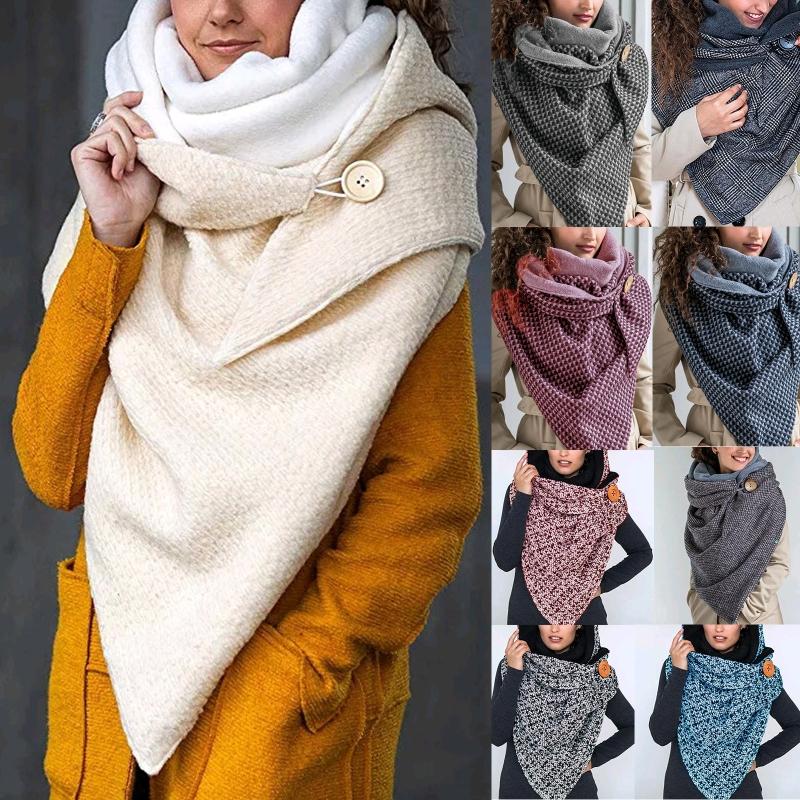 

Women Winter Thicken Large Triangle Scarf Vintage Plaid Thermal Shawl Wrap Windproof Neck Warmer Blanket with Button