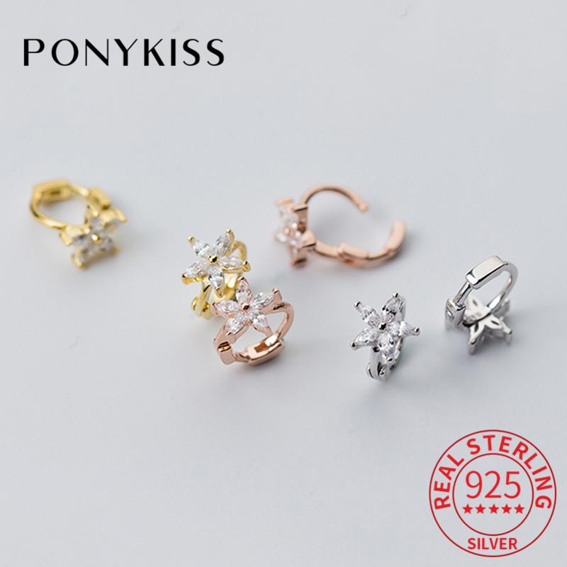 

PONYKISS 100% 925 Sterling Silver Flower Zircon Hoop Earrings Women Delicate Fashion Party Jewelry Accessories Girl Lovely Gift