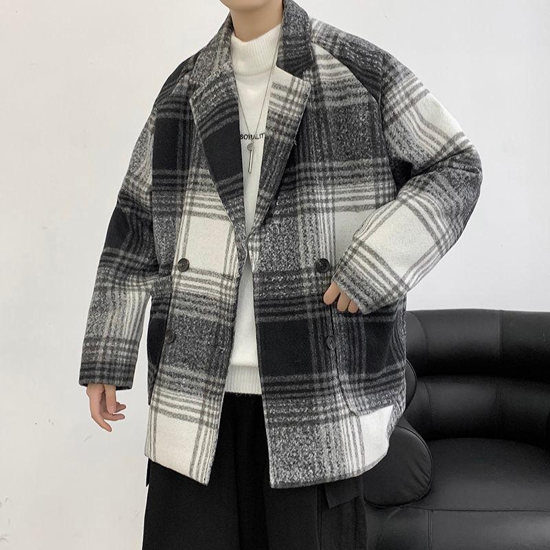 

Men's Warm Woolen Coat Women's Korean Streetwear Classic Short Coat 2020 Autumn Winter Plaid Harajuku Woolen, Brown