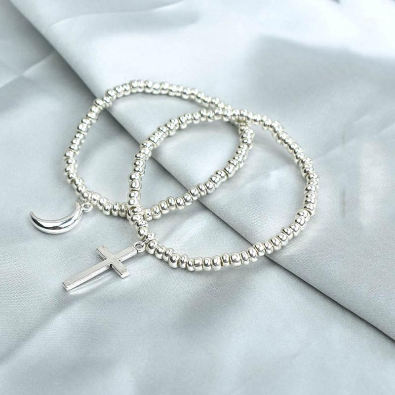 

Charm Bracelets Handmade Women Metal Jewelry Stretch Elastic Bead Bracelet Silver Color Cross Moon Bangles1