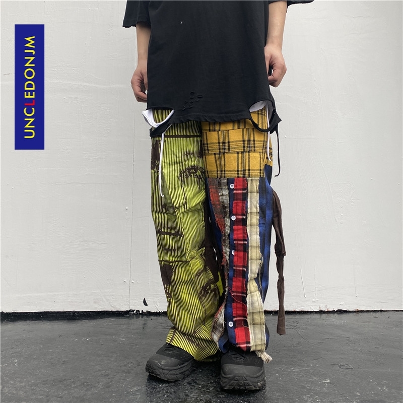 

UNCLEDONJM Lattice Patchwork Hip Hop Harajuku Casual Pants High Street Design Ins Fashion Men Trousers T2-A002 201113, Yellow
