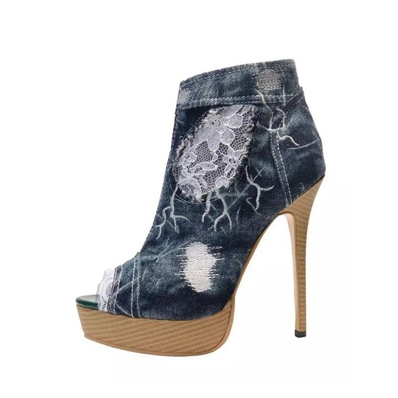 

Zipper Denim Peep Toe Ankle Bootie Platform Shoes High-heeled Cut-out Gladiator Shoes Wooden Heel Zipper Ankle, Blue