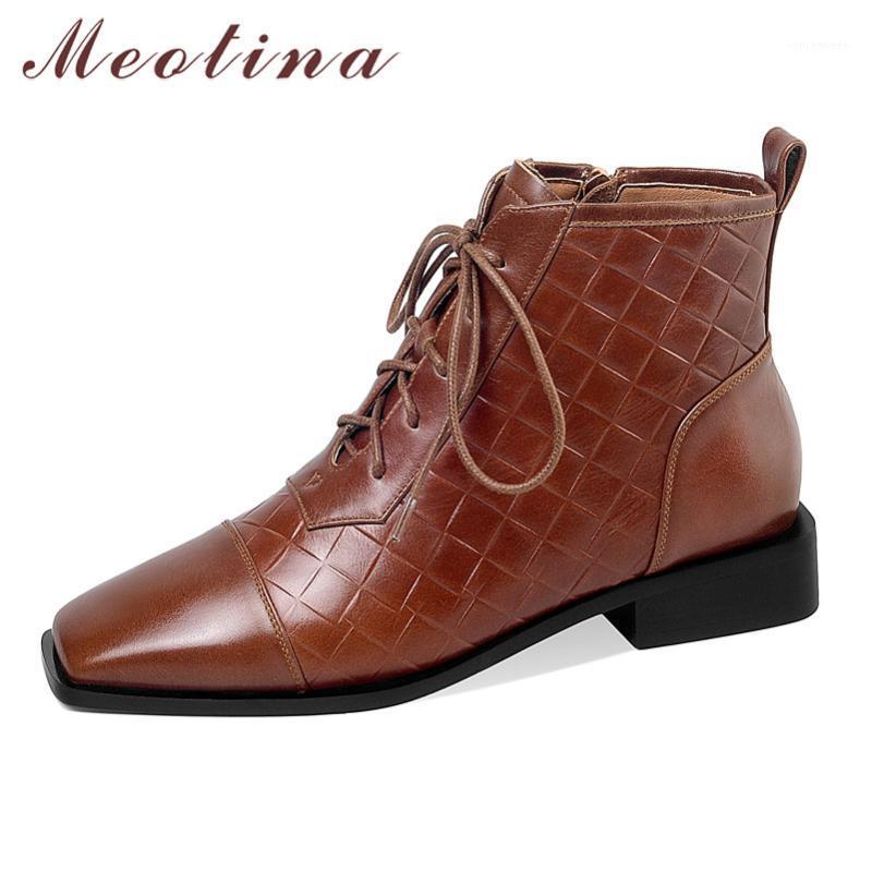 

Meotina Genuine Leather Mid Heel Ankle Boots Women Shoes Square Toe Chunky Heels Zip Cross Tied Short Boots Ladies Autumn Winter1, Black synthetic lin