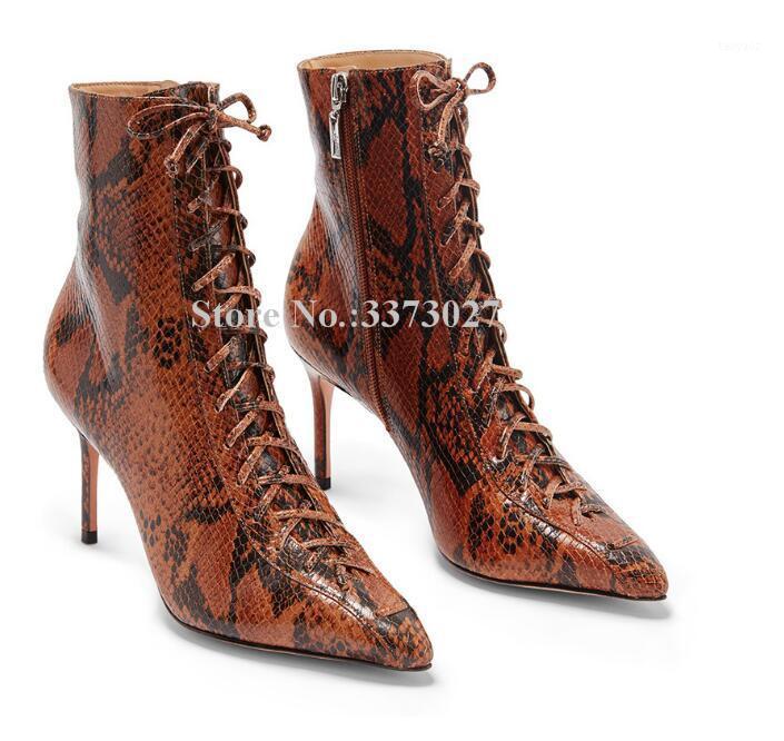 

Women Snakeskin Leather Lace-up Ankle Boots Fashion Pointed Toe Cross-tied Stiletto Heel Short Boots Large Size Banquet Shoes1, Black
