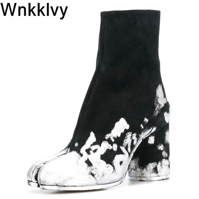 

Silver foil rendering high heel boots women real leather retro ankle botas pig trotter split toe short boots 2020 runway shoes, Black