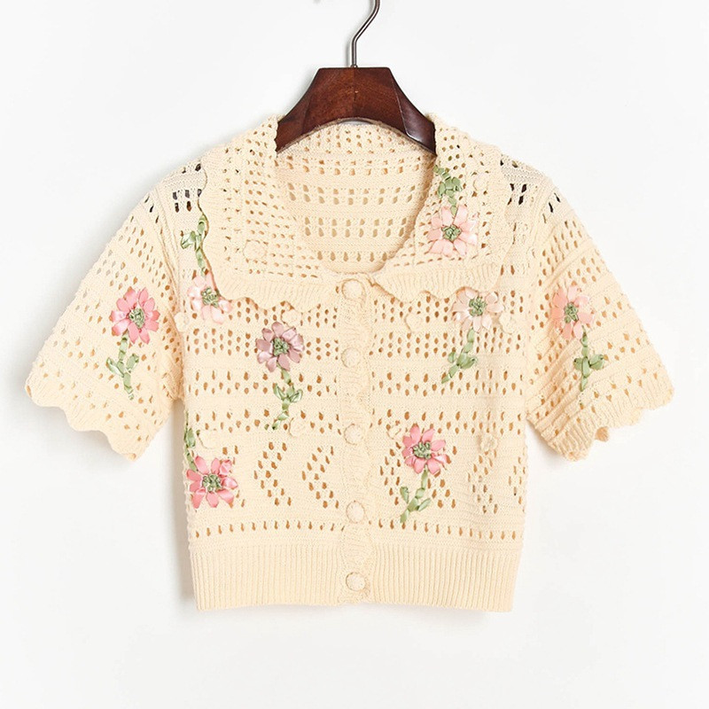 

2021 Sweet Cardigan Female Will See New Ribbon Embroidered Vintage Sweater Dolls Necklace Short Mesh Lolita Style JYOR, Short sleeves.