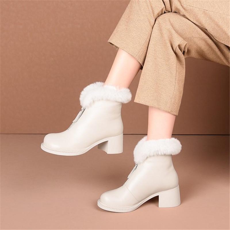 

PXELENA 2021 Winter Newest Real Fur Natural Genuine Leather Snow Boots Women Front Zip Thick Wool Plush Warm Shoes Plus Size 41, Beige