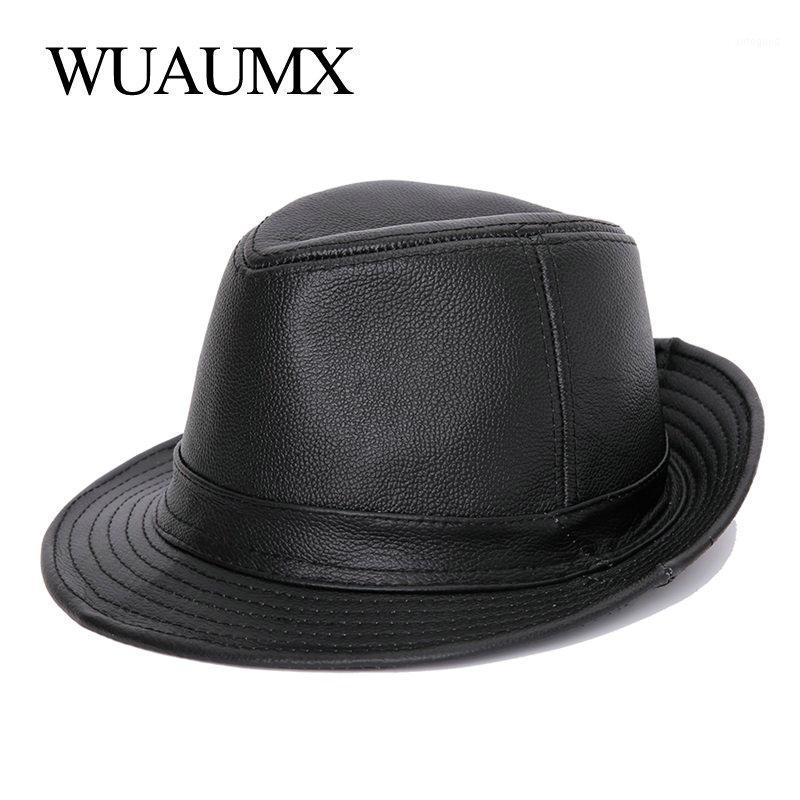 

Wide Brim Hats Wuaumx Genuine Leather Cow Fedora Hat For Men Women Cowskin JAZZ Flat Top Gentleman British Style Fedoras Panama1, Black
