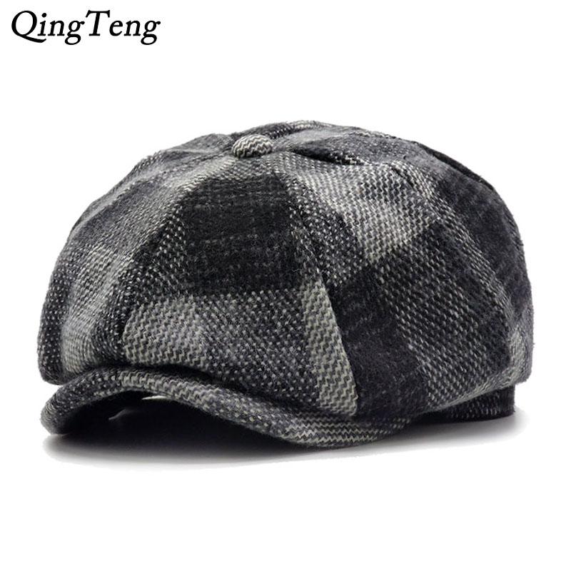 

Winter Plaid Berets Caps For Men Warm Wool Thicken Newsboy Cap For Women Vintage Octagonal Detective Painter Hats Retro Flat Cap, Black