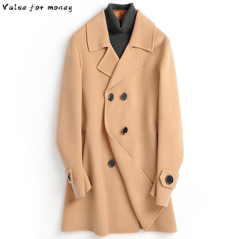 

100% 2020 Wool Coat Men Double Breasted Long Jacket Spring Fall Mens Coats and Jackets Manteau Homme D-04-1252A-1 KJ3010, Dark blue