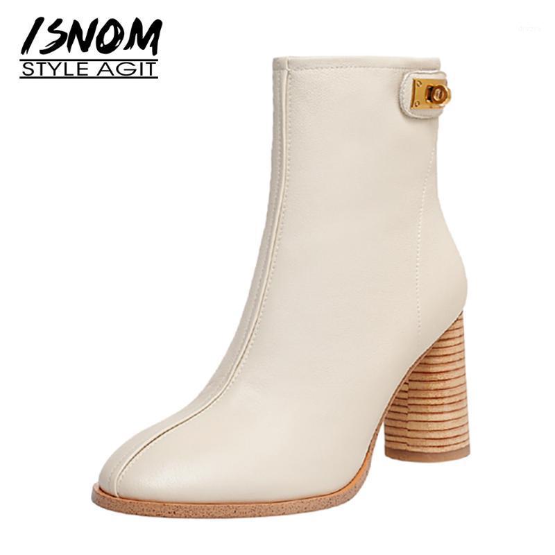 

ISNOM Ankle Boots Woman Genuine Leather Shoes Round High Heels Booties Ladies Elegant Round Toe Dress Shoes Women Boot1, Beige