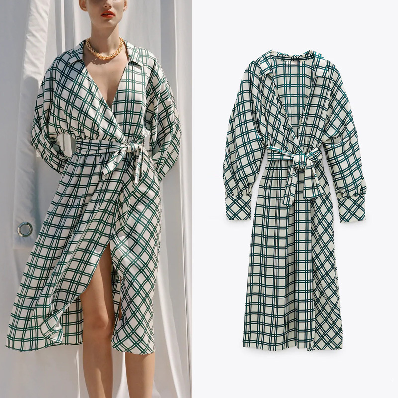 

2021 New Plaid Woman Women Elegant Tie Dye Print Ladies Dresses Summer Lapel Collar V-neck Long Sleeves Midi Dress Ch80, Plaid dress
