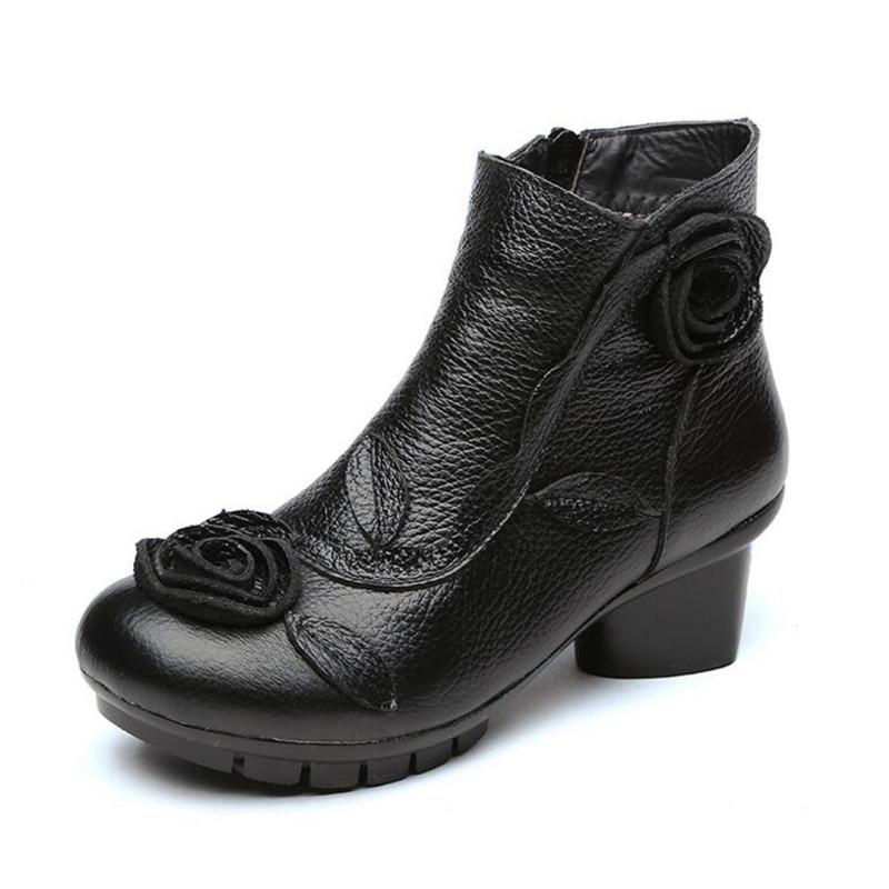 

2020 New Autumn Winter Boots Women Fashion Shoes Retro Handmade Flower Genuine Leather Shoes Women Boots Warm Snow, Red single boots