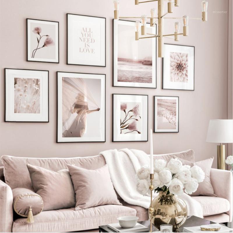 

Modern Pink Blooming Flower Love Beach Hazy Poster Canvas Painting Wall Art Prints Picture Living Room Home Interior Decoration1