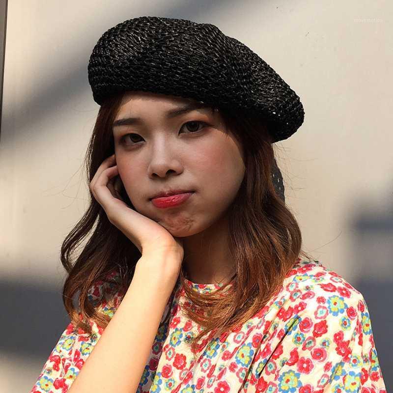 

HT3161 New Fashion Women Berets Aritst Painter Beret Hat Ladies Solid Summer Hats for Women Female Breathable Crochet Straw Hat1, Black