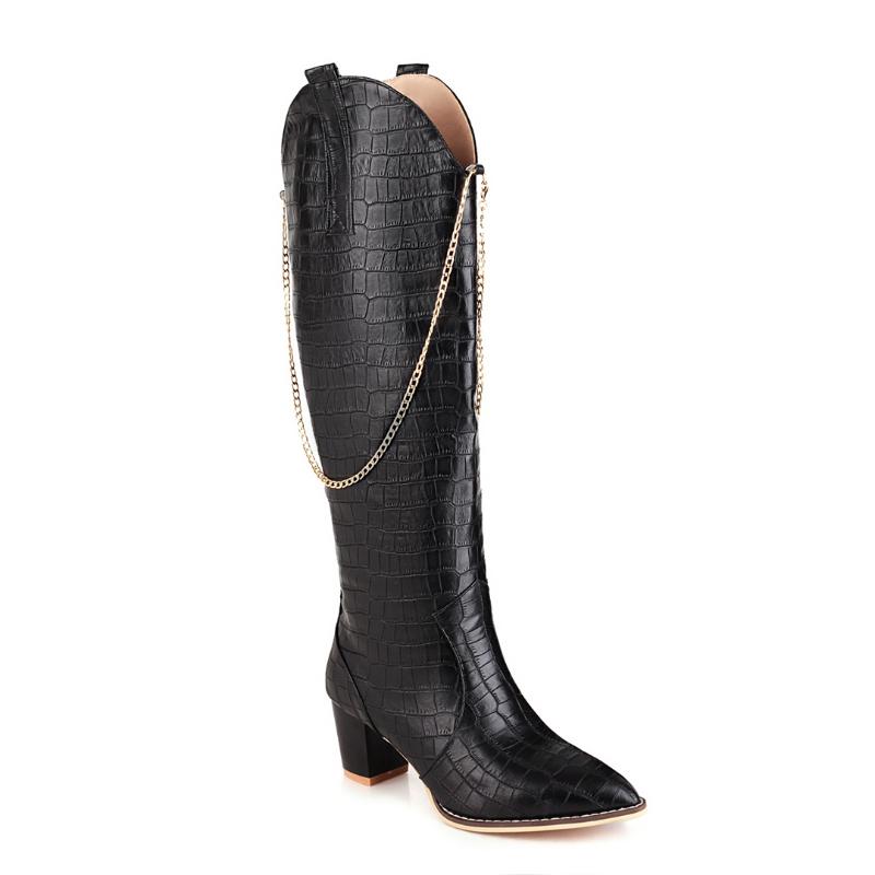 

2021 New Pointed Toe Autumn Winter Over The Knee Boots PU Leather Square High Heel Fashion Women Shoes Big Size 34-43, Black