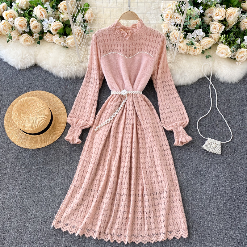 

2021 New sweet feminine puff sleeves dress solid autumn a-line streetwear dresses ZXCA, Apricot