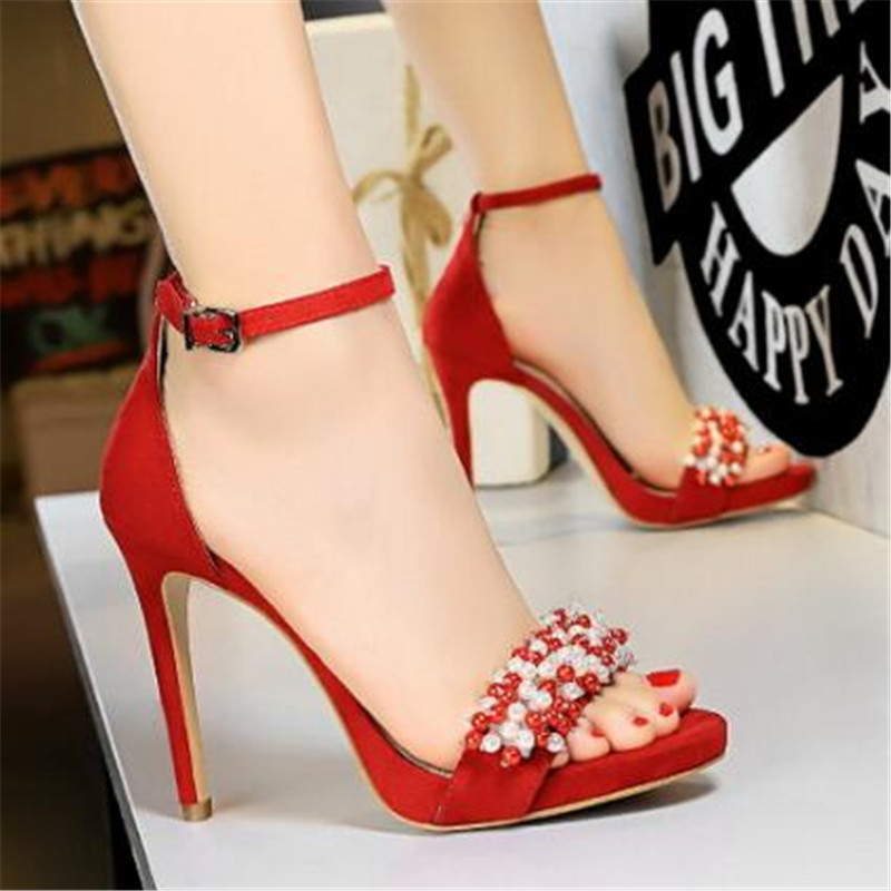 

2021 New Summer Sweet-colored Sandals Party Women's Shoes Open-toed Eleven Inches Thin Heels High Buckle Stilettos QROQ, Black