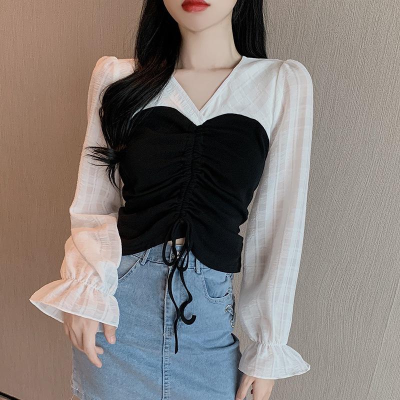 

Women Elegant Chiffon Blouse Spring Autumn Sleeve Drawstring Korean Style V-neck Tops Shirt, As pic