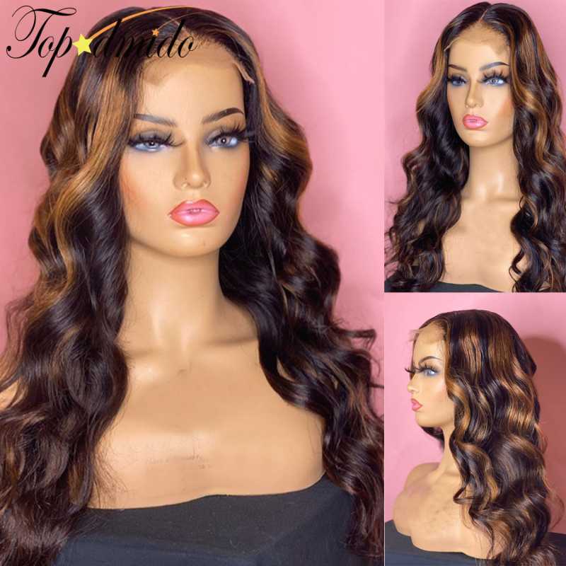 

Topodmido Honey Blonde Highlight Color Lace Front Wigs Body Wave 13x6 Remy Long Lace Front Human Hair Wig 150% Density, As pic