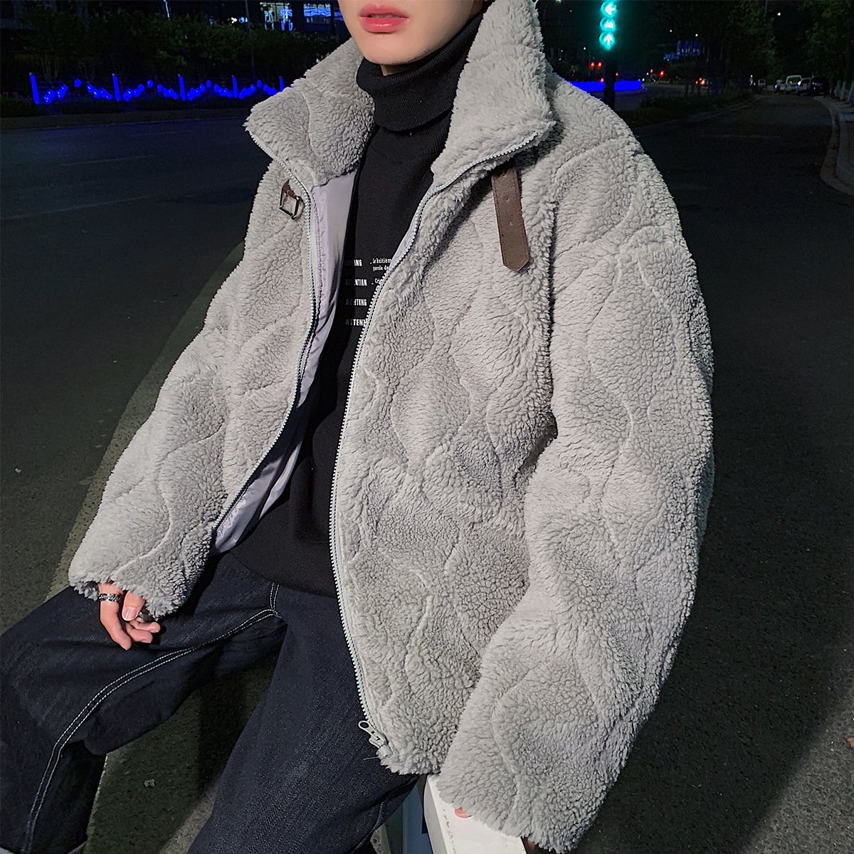 

Autumn 2021 Men' Thin New Lamb Long Hair Jacket Male Youth Wear TKCQ, Green.