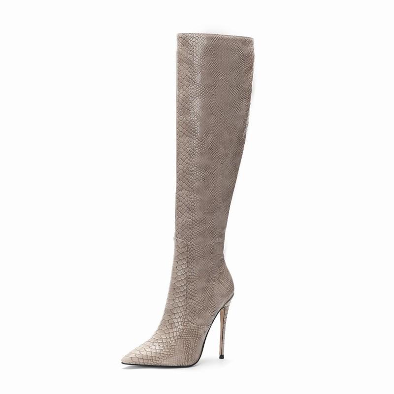 

Snakeskin Knee High Boots Women Embossing Thin Heel Winter Shoes For Women Fur Boots Big Size 45 Sexy Spring Autumn Riding, Apricot