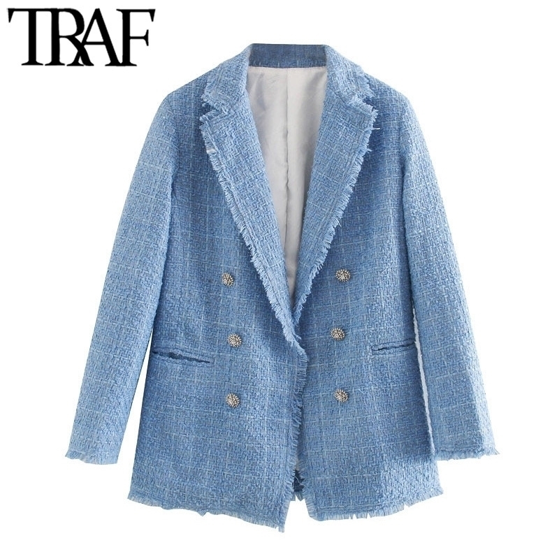 

TRAF Women Fashion Office Wear Double Breasted Tweed Blazer Coat Vintage Long Sleeve Frayed Female Outerwear Chic Tops 201201, As picture