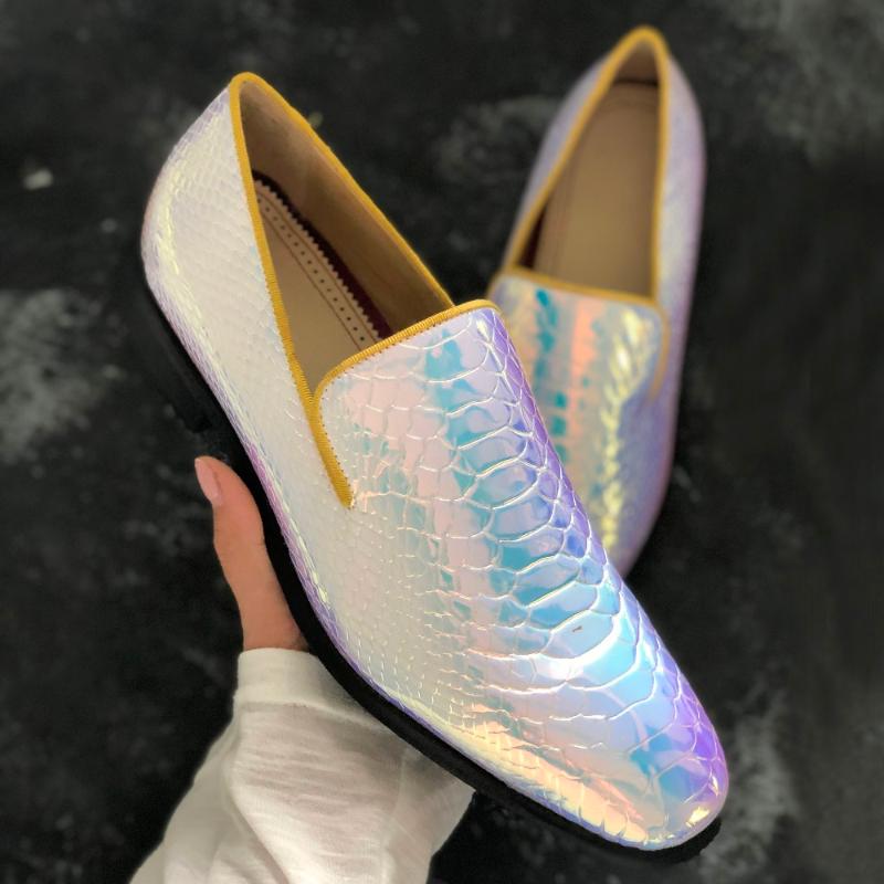 

Shiny Gold Silver Crocodile Leather Dress Shoes Men Slip-on Prom Party Shoes Leather Flat Loafers